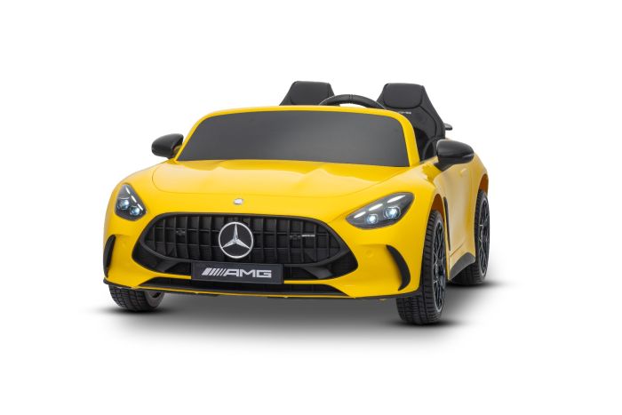 Elektrické autíčko Mercedes GT63 AMG 24V s pohonom 4x4, žlté, Dvojmiestne, Nastaviteľné sedadlo šoféra, Mäkké EVA kolesá, 2,4 GHz diaľkové ovládanie, USB/Bluetooth, 200W motory, Odpruženie, Lítiová batéria, LED svetlá vpredu aj vzadu, ORIGINÁL licencia