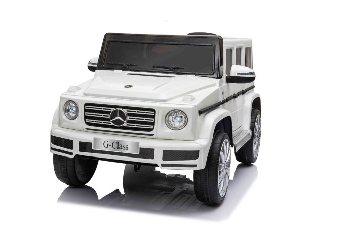 Elektrické autíčko Mercedes G500 12V, biele, 2,4 GHz diaľkové ovládanie, USB / SD Vstup, odpruženie, Lítiová batéria, LED svetlá, ORIGINÁL licencia