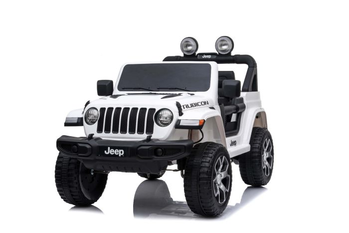 Elektrické autíčko JEEP Wrangler, Jednomiestne, Biele, Koženkové sedadlá, Rádio s Bluetooth prehrávačom, SD/USB vstup, Pohon 4x4, Lítiová batéria, EVA kolesá, Odpružená náprava, 2,4 GHz Dialkové Ovládanie