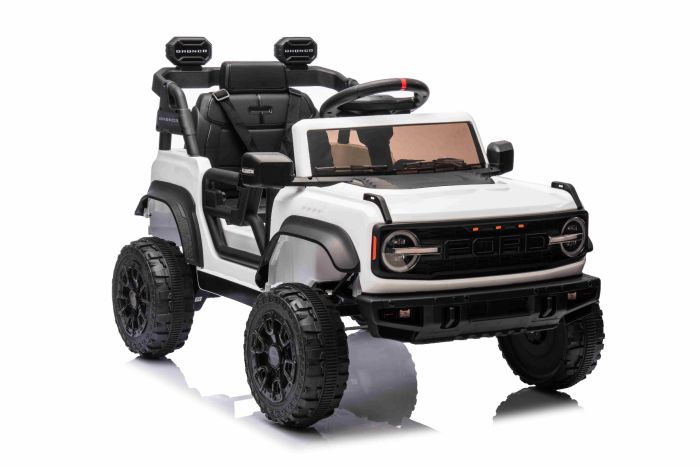 Elektrické autíčko Ford Bronco s pohonom zadných kolies s licenciou (Jednomiestne), biele, Lítiová batéria, Vysoký podvozok, široké sedadlo, Odpružená zadná náprava, 2,4 GHz Diaľkový ovládač, MP3 prehrávač so vstupom USB, LED svetlá