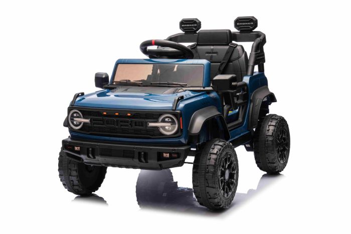 Elektrické autíčko Ford Bronco s pohonom zadných kolies s licenciou (Jednomiestne), modré, Lítiová batéria, Vysoký podvozok, široké sedadlo, Odpružená zadná náprava, 2,4 GHz Diaľkový ovládač, MP3 prehrávač so vstupom USB, LED svetlá