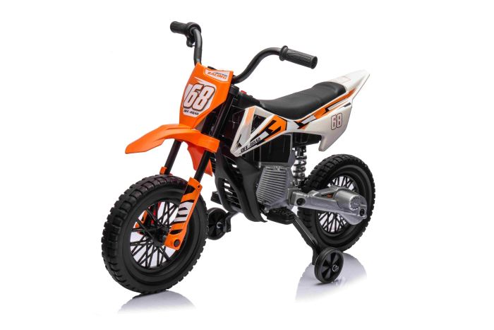 Elektrická Motorka MOTOCROSS, Oranžová, 12V batéria, EVA mäkké kolesá, Koženkové sedadlo, 2 x 25W Motor, Odpruženie, Kovový rám, MP3 Prehrávač s Bluetoothom, pomocné kolieska