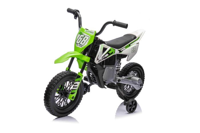 Elektrická Motorka MOTOCROSS, Zelená, 12V batéria, EVA mäkké kolesá, Koženkové sedadlo, 2 x 25W Motor, Odpruženie, Kovový rám, MP3 Prehrávač s Bluetoothom, pomocné kolieska
