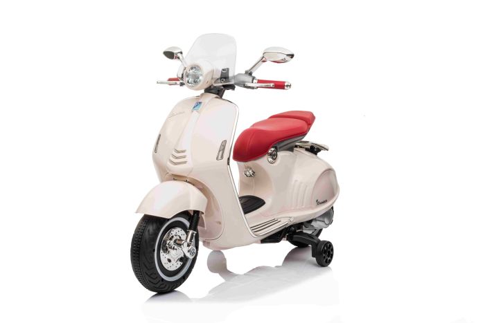 Elektrická motorka Vespa 946 aj so spätným chodom, biele, s pomocnými kolesami, Licencované, Lítiová batéria, 2x 30W Motor, Koženkové sedadlo, MP3 Prehrávač s USB vstupom