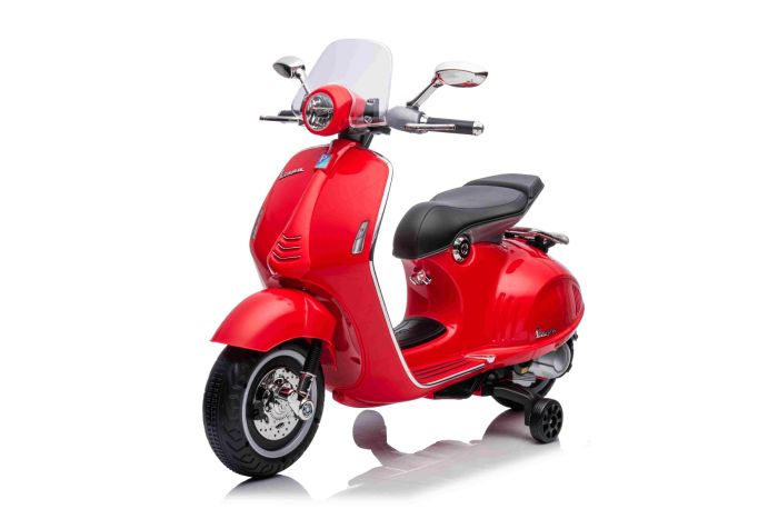 Elektrická motorka Vespa 946 aj so spätným chodom, červené, s pomocnými kolesami, Licencované, Lítiová batéria, 2x 30W Motor, Koženkové sedadlo, MP3 Prehrávač s USB vstupom