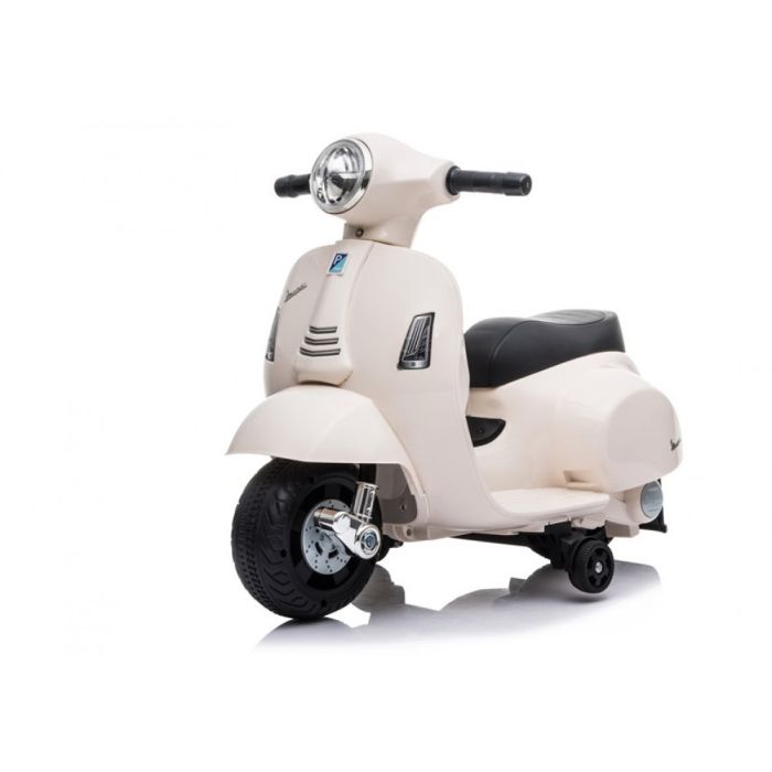 Elektrická motorka Vespa GTS, biele, s pomocnými kolesami, Licencované, Lítiová batéria, Koženkové sedadlo, 30W motor