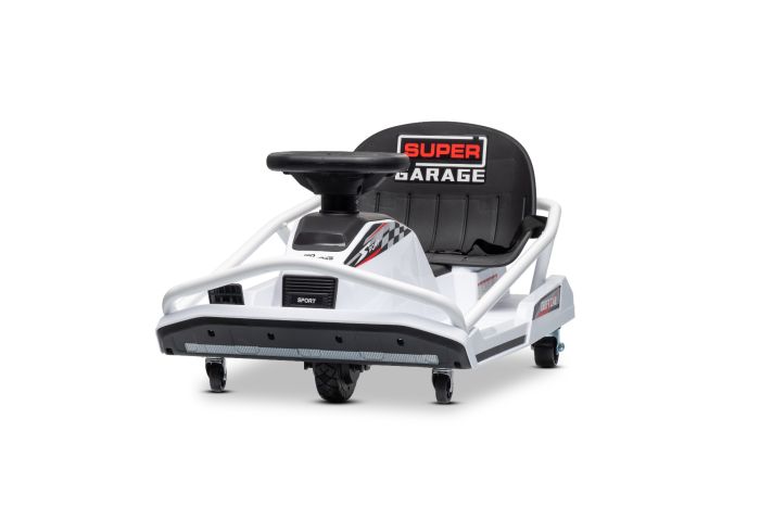 Beneo Motors driftovacia Motokára 24V, biela, 300W Bezkartáčový Motor, Lítiová batéria, Drift režim s rýchlosťou 14 Km/h, Masívna železná konštrukcia, Bezpečnostný pás, Športové sedadlo, Multifunkčný volant