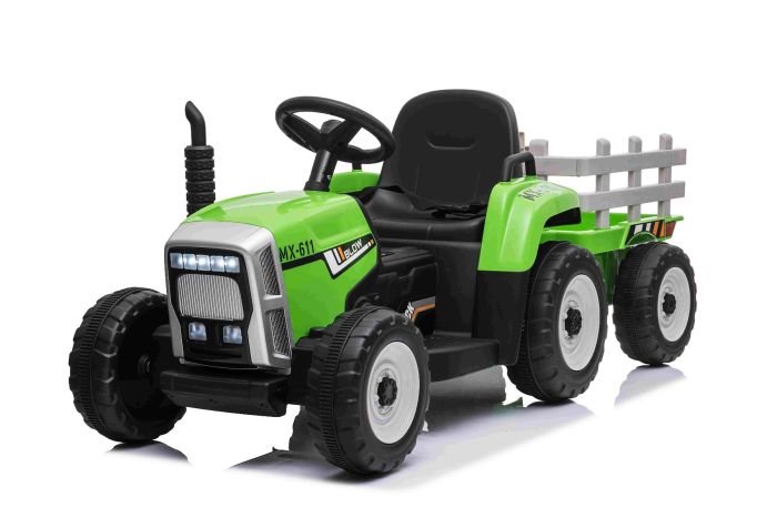 Elektrický Traktor WORKERS s vlečkou, zelený, Pohon zadných kolies, Lítiová batéria, Plastové kolesá, široké sedadlo, 2,4 GHz Diaľkový ovládač, Jednomiestne, MP3 prehrávač so vstupom USB, LED Svetlá, Bluetooth