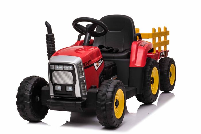 Elektrický Traktor WORKERS s vlečkou, červený, Pohon zadných kolies, Lítiová batéria, Plastové kolesá, široké sedadlo, 2,4 GHz Diaľkový ovládač, Jednomiestne, MP3 prehrávač so vstupom USB, LED Svetlá, Bluetooth