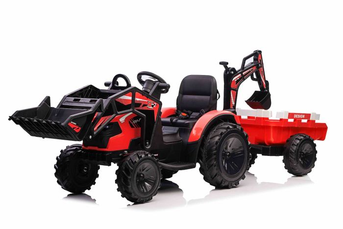 Elektrický traktor TOP-WORKER 12V s naberačkami a prívesom, Jednomiestne, červené, mäkké PU sedadlo, MP3 Prehrávač s USB vstupom, Zadný pohon, 2 x 45W Motor, EVA kolesá, Lítiová batéria