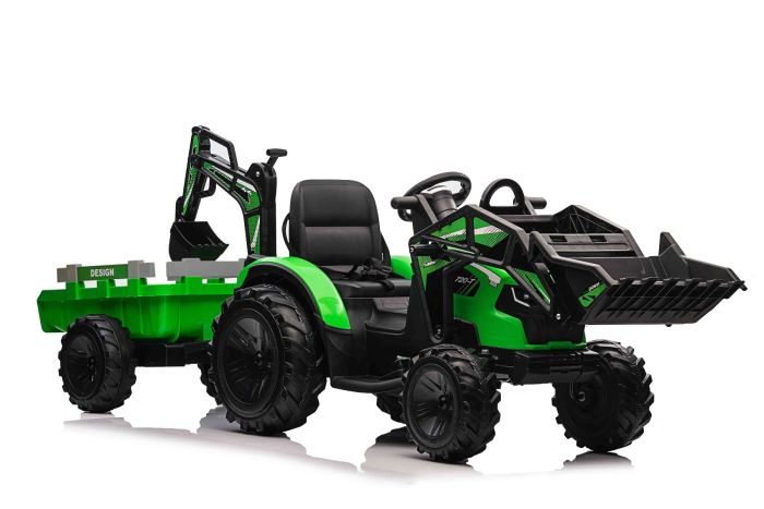 Elektrický traktor TOP-WORKER 12V s naberačkami a prívesom, Jednomiestne, zelené, mäkké PU sedadlo, MP3 Prehrávač s USB vstupom, Zadný pohon, 2 x 45W Motor, EVA kolesá, Lítiová batéria