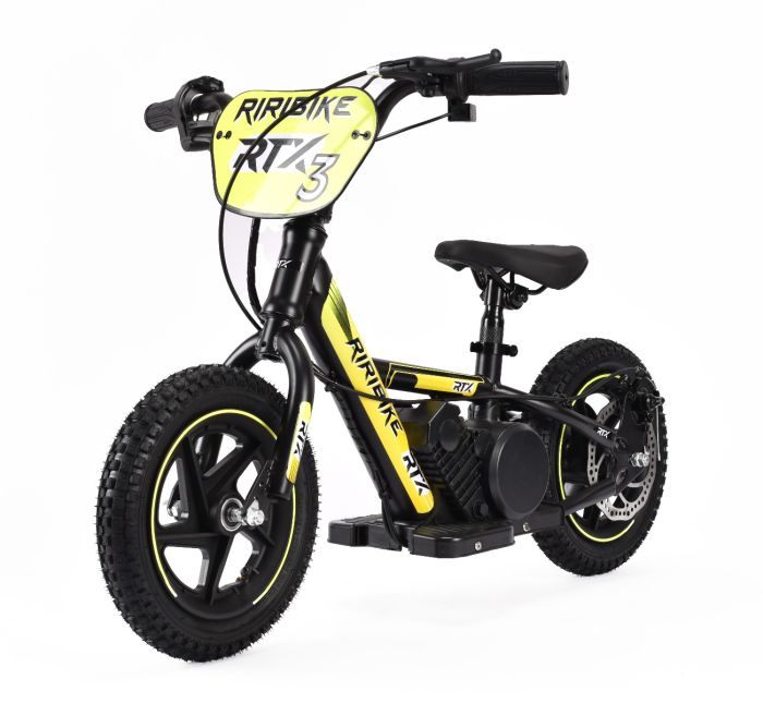 Detské elektrické odrážadlo RIRIBIKE RTX3 24V (12”), žlté, Lítiová batéria, 100W motor, Kotúčová brzda, Nastaviteľné mäkké PU sedadlo