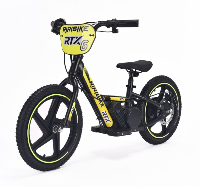 Detské elektrické odrážadlo RIRIBIKE RTX6 24V (16”), žlté, Lítiová batéria, 250W Motor, Kotúčová brzda, Nastaviteľné mäkké PU sedadlo