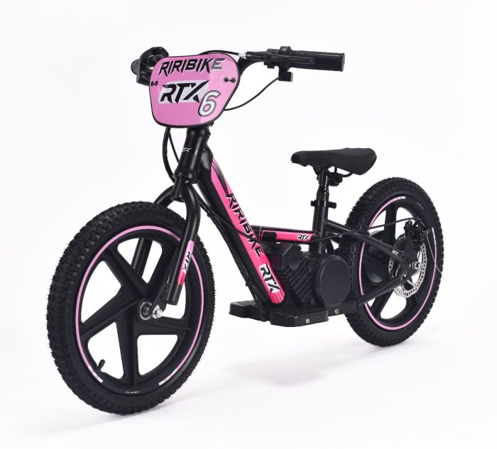 Detské elektrické odrážadlo RIRIBIKE RTX6 24V (16”), ružové, Lítiová batéria, 250W Motor, Kotúčová brzda, Nastaviteľné mäkké PU sedadlo