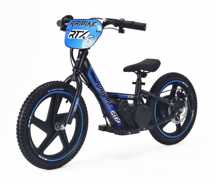 Detské elektrické odrážadlo RIRIBIKE RTX6 24V (16”), modré, Lítiová batéria, 250W Motor, Kotúčová brzda, Nastaviteľné mäkké PU sedadlo