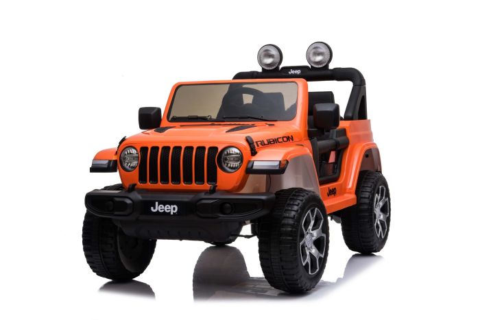 Elektrické autíčko JEEP Wrangler, Jednomiestne, Oranžové, Koženkové sedadlá, Rádio s Bluetooth prehrávačom, SD/USB vstup, Pohon 4x4, Lítiová batéria, EVA kolesá, Odpružená náprava, 2,4 GHz Dialkové Ovládanie