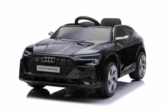 Elektrické autíčko Audi E-tron Sportback 12V, čierne, široké jednomiestne sedadlo s trojbodovým pásom, 2,4 GHz diaľkové ovládanie, USB/AUX Vstup, Odpruženie, Lítiová batéria, LED svetlá, 2 X 25W Motor, ORIGINÁL licencia