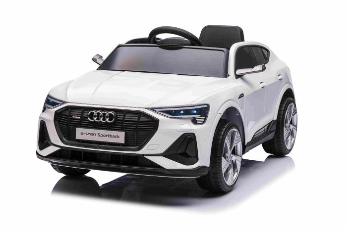 Elektrické autíčko Audi E-tron Sportback 12V, biele, široké jednomiestne sedadlo s trojbodovým pásom, 2,4 GHz diaľkové ovládanie, USB/AUX Vstup, Odpruženie, Lítiová batéria, LED svetlá, 2 X 25W Motor, ORIGINÁL licencia
