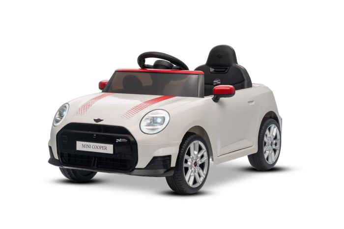 Elektrické autíčko Mini Cooper 12V, biele, USB Vstup s Bluetooth pripojením na MP3 Prehrávači, 2,4 GHz diaľkové ovládanie, 2 x 25W Motor, Lítiová batéria, LED svetlá, ORIGINAL licencia