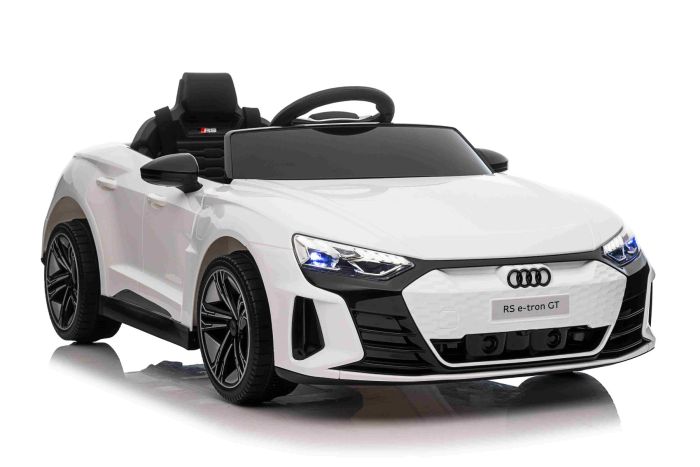 Elektrické autíčko Audi RS E-tron GT 12V, biele, široké jednomiestne sedadlo, 2,4 GHz diaľkové ovládanie, USB / AUX Vstup, Bluetooth, Odpruženie, Lítiová batéria, LED svetlá, 2 X 25W Motor, ORIGINÁL licencia