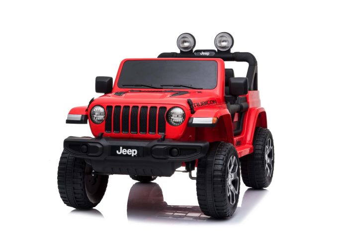 Elektrické autíčko JEEP Wrangler, Jednomiestne, červené, Koženkové sedadlá, Rádio s Bluetooth prehrávačom, SD/USB vstup, Pohon 4x4, Lítiová batéria, EVA kolesá, Odpružená náprava, 2,4 GHz Dialkové Ovládanie