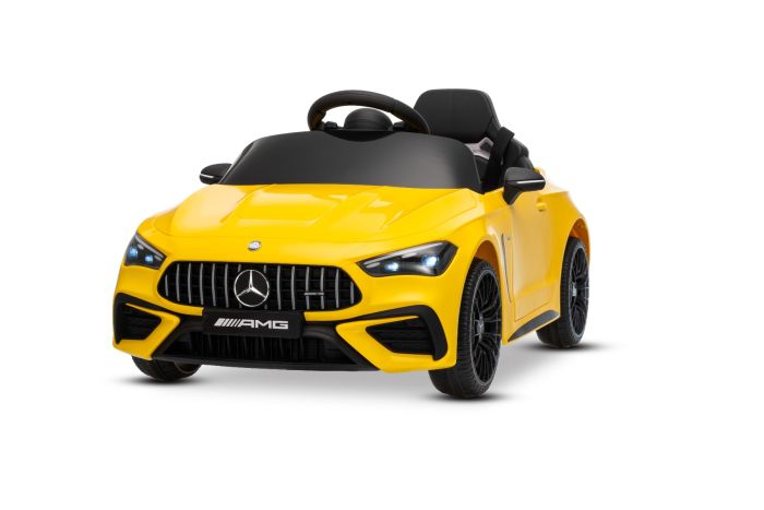 Elektrické autíčko Mercedes CLE 12V s pohonom zadných kolies, žlté, Jednomiestne, Lítiová batéria, LED svetlá, široké sedadlo, 2,4 GHz diaľkový ovládač, MP3 prehrávač so vstupom USB/AUX a Bluetooth pripojením, ORIGINAL Licencia