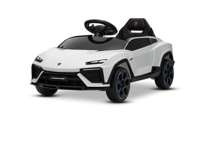 Elektrické autíčko Lamborghini Lanzador 12V s pohonom zadných kolies a licenciou (Jednomiestne), biele, Lítiová batéria, LED svetlá, široké sedadlo, 2,4 GHz diaľkový ovládač, MP3 prehrávač so vstupom USB/AUX a Bluetooth pripojením